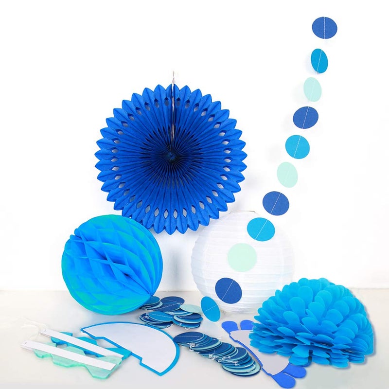 Decor365 Blue Birthday Party Decorations Kit Paper Fans Pom Poms Circle Dot Garlands Ocean Theme Hanging Decor Under the Sea Beach Baby Shower Wedding Classroom Summer Anniversary Kids Room - Image 4